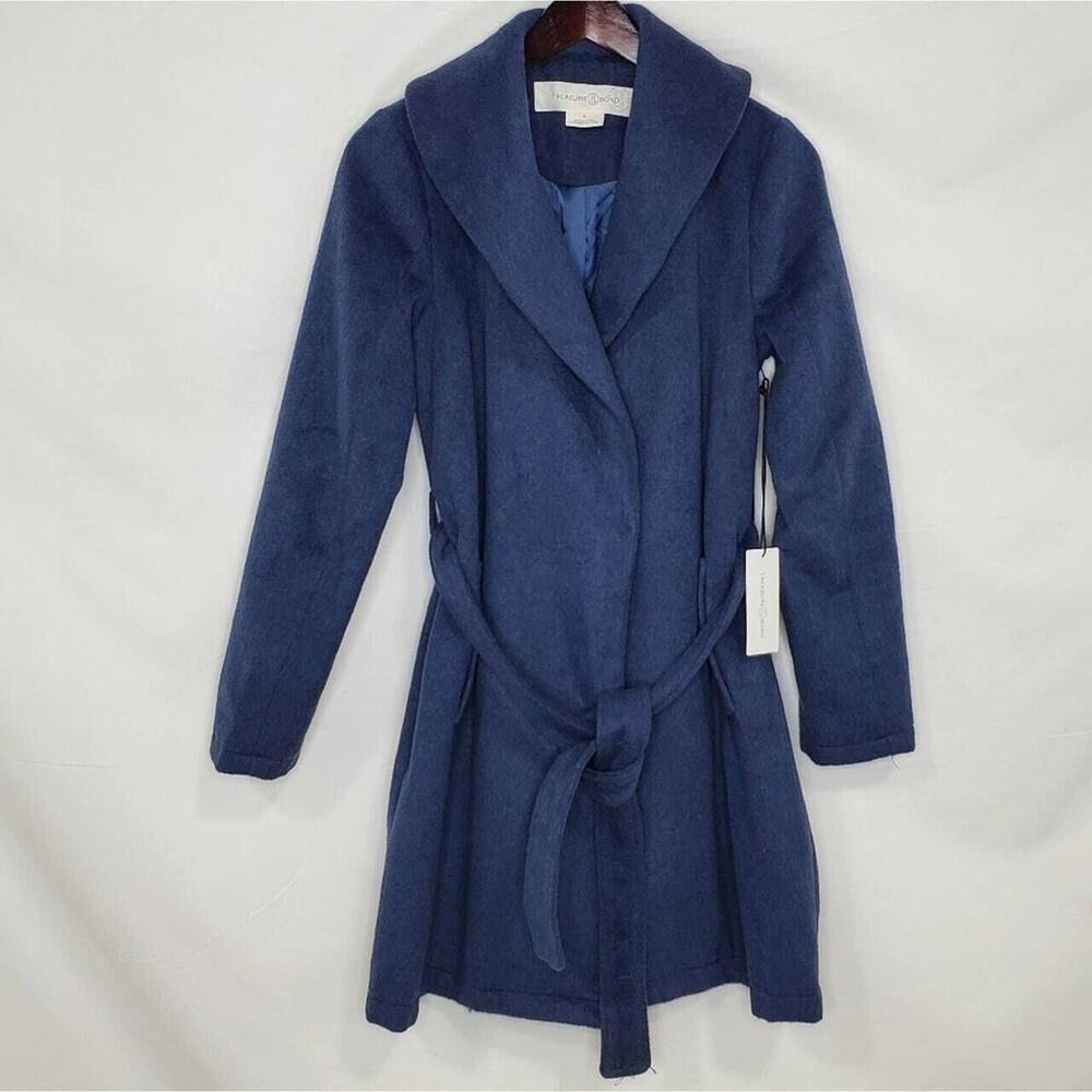 Treasure & Bond Trench Coat Womens Blue Tie Waist Shawl Lapel Long Sleeve c5
